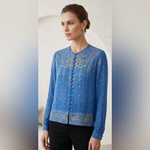 Isabel Marant Etoile Cerulean Blue Gold Printed Silk Button Front Top Size 38